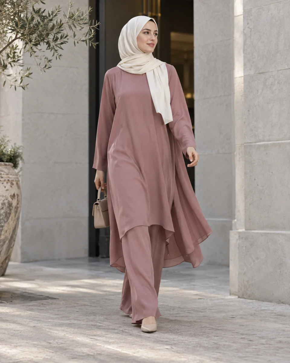 Gül kurusu takım ve krem şalla tesettür stil ilhamı