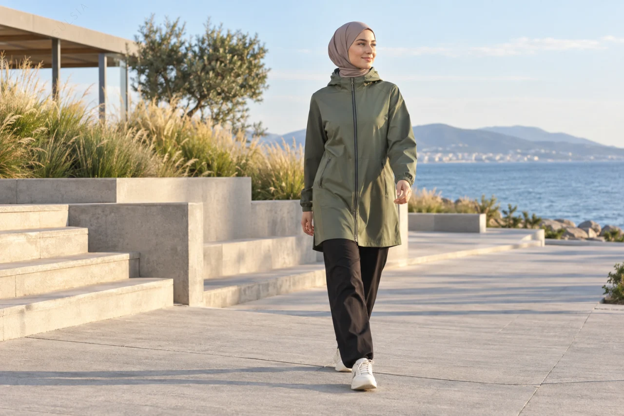 Zeytin yeşili uzun spor ceket ve bol pantolonla spor tesettür stil ilhamı